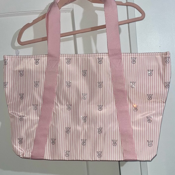 PINK Victoria's Secret Light Pink Striped BLING Tote NWT - Picture 5 of 5